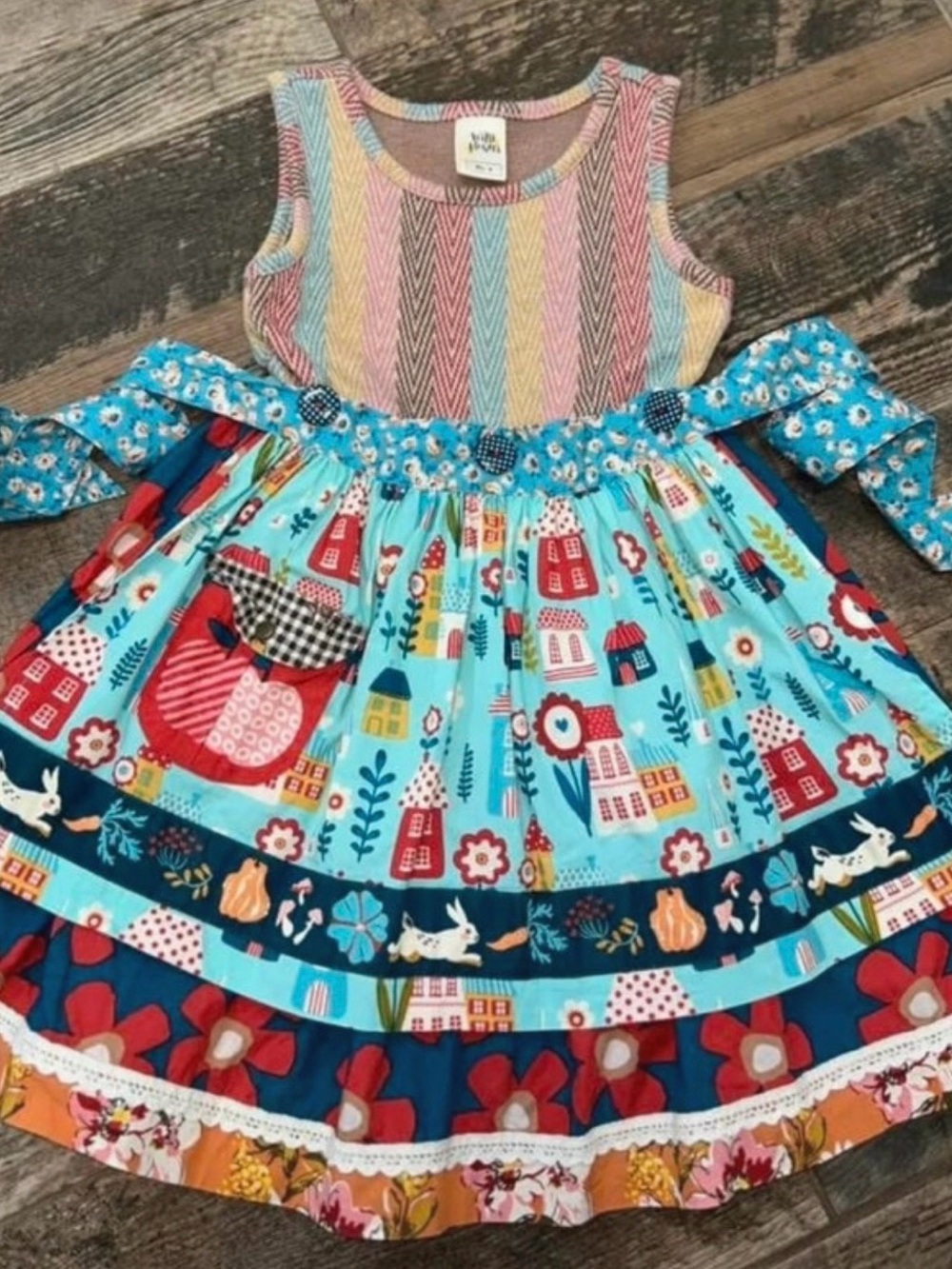Wildflowers Blue Multicolor Village & Floral Apple rabbit Print Dress htf